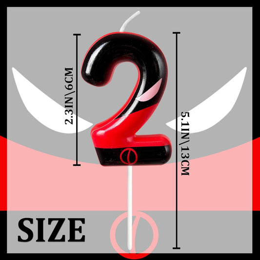 Black Red Mask Number 2 Birthday Candles - Comic Themed Cake Topper for Birthday Decorations Supplies, 2 Candle Party Favors (Number 2)