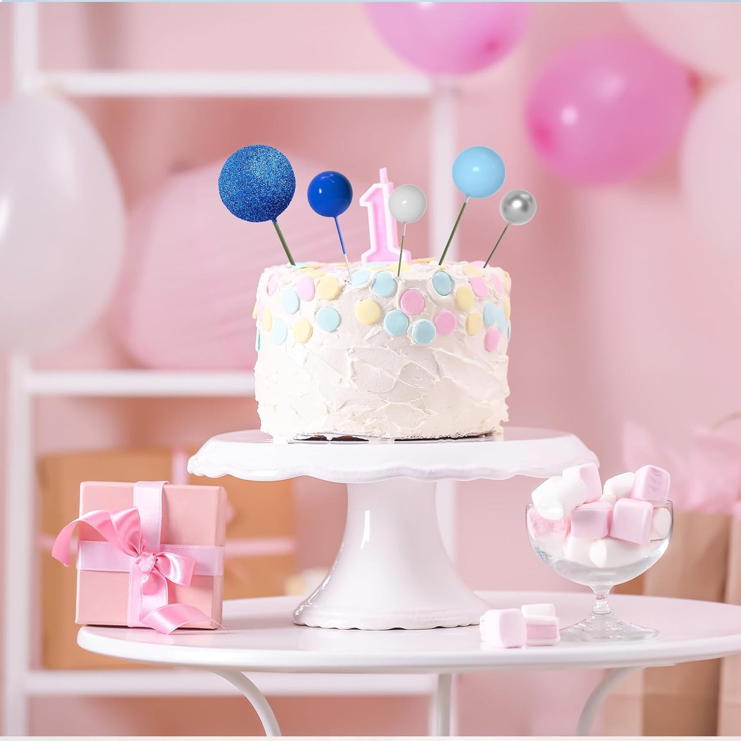 ASTARON 50 Pcs Ball Cake Topper Sticks Mini Balloons for Decorating Supplies Foam Balls Cake Toppers for Baby Shower, Birthday - Blue Series