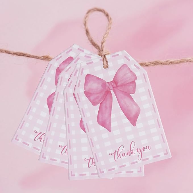 ASYEHJNR 100Pcs Pink Bow Gift Tags with String Pink Buffalo Plaid Large Gift Tags with 65Ft White String Cute Thank You White Paper Tag for Coquette Birthday Baby Shower Wedding Gift Wrap Tag