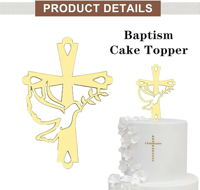 3 Pcs Baptism Cake Topper Personalized God Bless Cake Topper with Cross Glitter for Party Decoration Supplies(Gold) (bird)