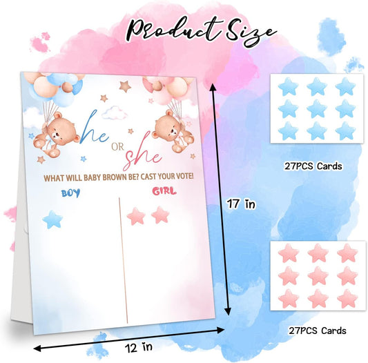 LNOKRIM Gender Reveal Party Games, Bear Theme Baby Gender Reveal Voting Board Sign, 54 Boy Girl Voting Stickers, He or She, Gender Reveal Party Centerpiece Decorations (12x17)