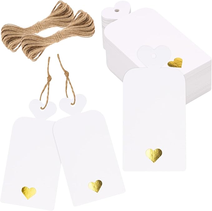 joycraft 100pcs Blank Gift Tags with String, 4x2 in White Paper Tags with Foil Gold Heart, Personalized Gift Wrapping Labels for Birthday, Baby Shower, Wedding, Valentine's Day
