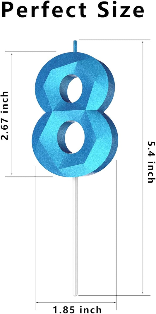 Number Birthday Candles(8 Candle Blue) 3D Diamond Shape Number Happy Birthday Cake Candles for Birthday Party Wedding Decoration Reunions Theme Party