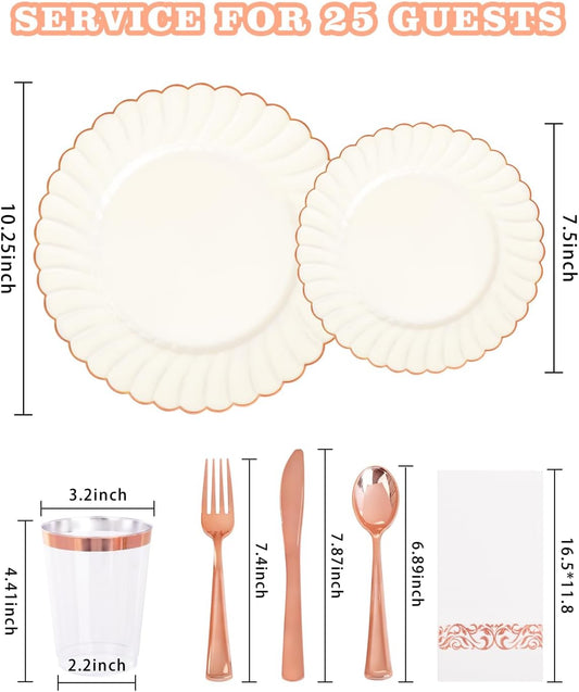 YOUBET 175PCS Ivory Scalloped Plastic Plates - Rose Gold Disposable Dinnerware Set Include 50 Plates, 75 Rose Gold Silverware, 25 Cups, 25 Napkins for Party & Wedding & Baby Shower
