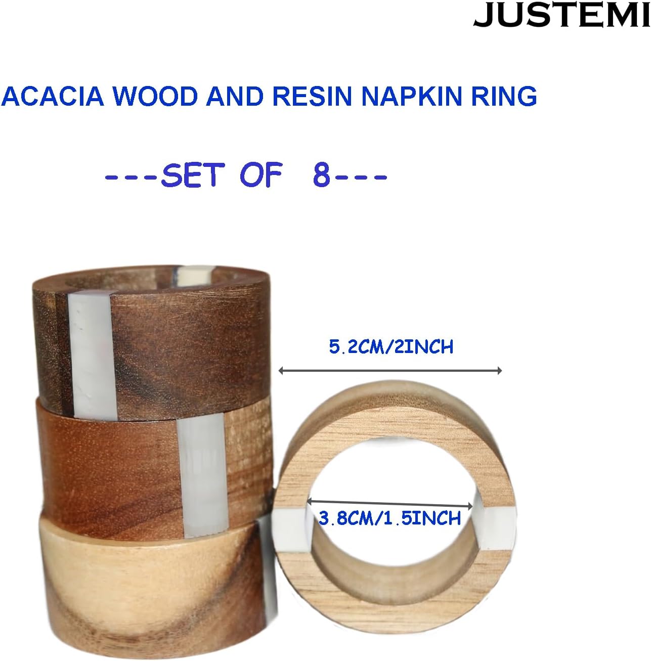 Wooden Napkin Rings Set of 8 for Dinning Table Decor - Acacia Wood Resin Napkin Holde for Cloth Napkin (Round Shape,Ivory Color)