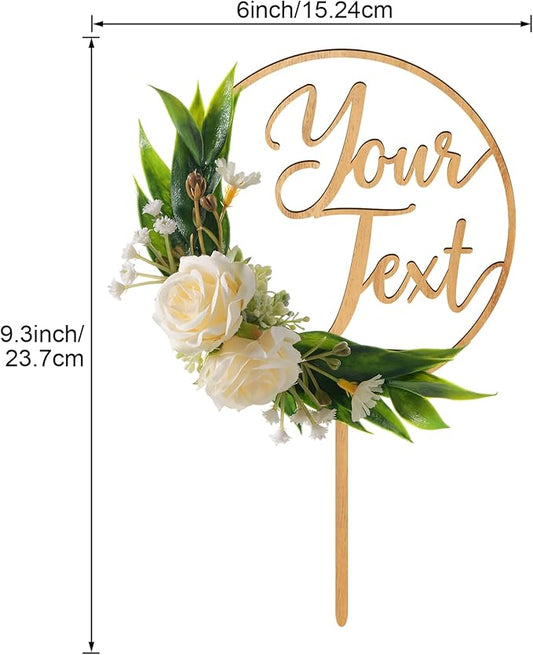 CustomText Wedding Cake Topper with 3D Artificial Flowers and Green Leaves Personalized Your Text Birthday Cake Decoration (Oak Finish)