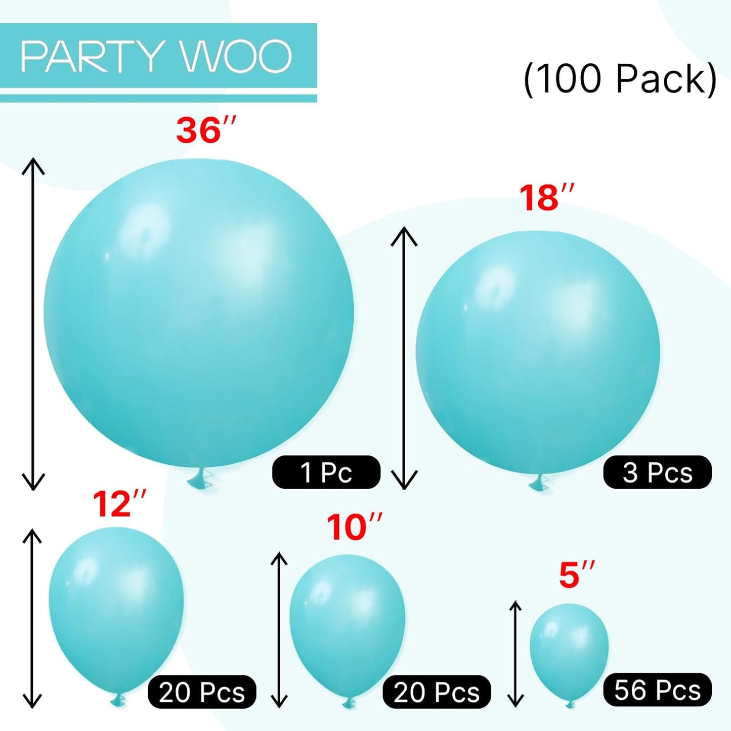 PartyWoo Teal Balloons, 100 pcs Teal Blue Different Sizes Pack of 36 Inch 18 Inch 12 Inch 10 Inch 5 Inch Turquoise for Balloon Garland or Balloon Arch as Party Decorations, Teal-Y69