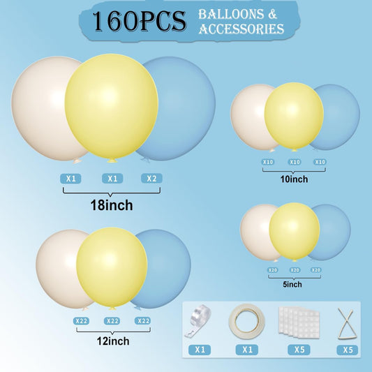 Pastel Yellow Blue White Balloon Garland Arch Kit, 160Pcs Latex Balloons Different Size 18 12 10 5 inch for Birthday Bridal Baby Shower Gender Reveal Wedding Retirement Party Decorations