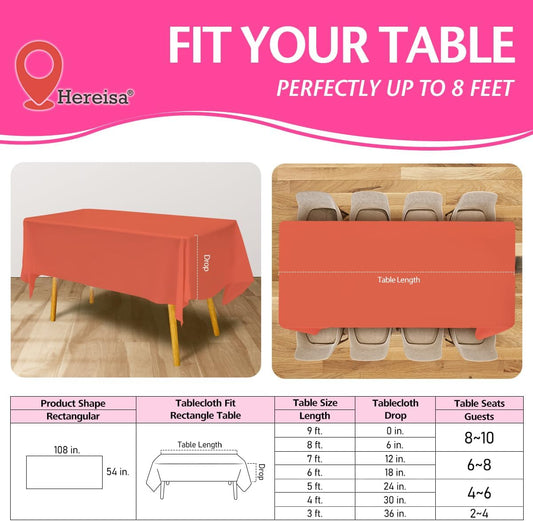 Disposable Plastic Tablecloth Coral 54x108 Inch, 5-Pack Waterproof Rectangular Table Cover for Parties, Picnics, Dining Protection