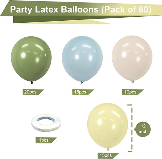 Bezente Sage Green Dusty Blue Yellow Balloons Kit - 60pcs 12 inch Dusty Blue Olive Green Latex Balloons Pastel Yellow Helium Balloons for Birthday Wedding Baby Shower Theme Party Decorations