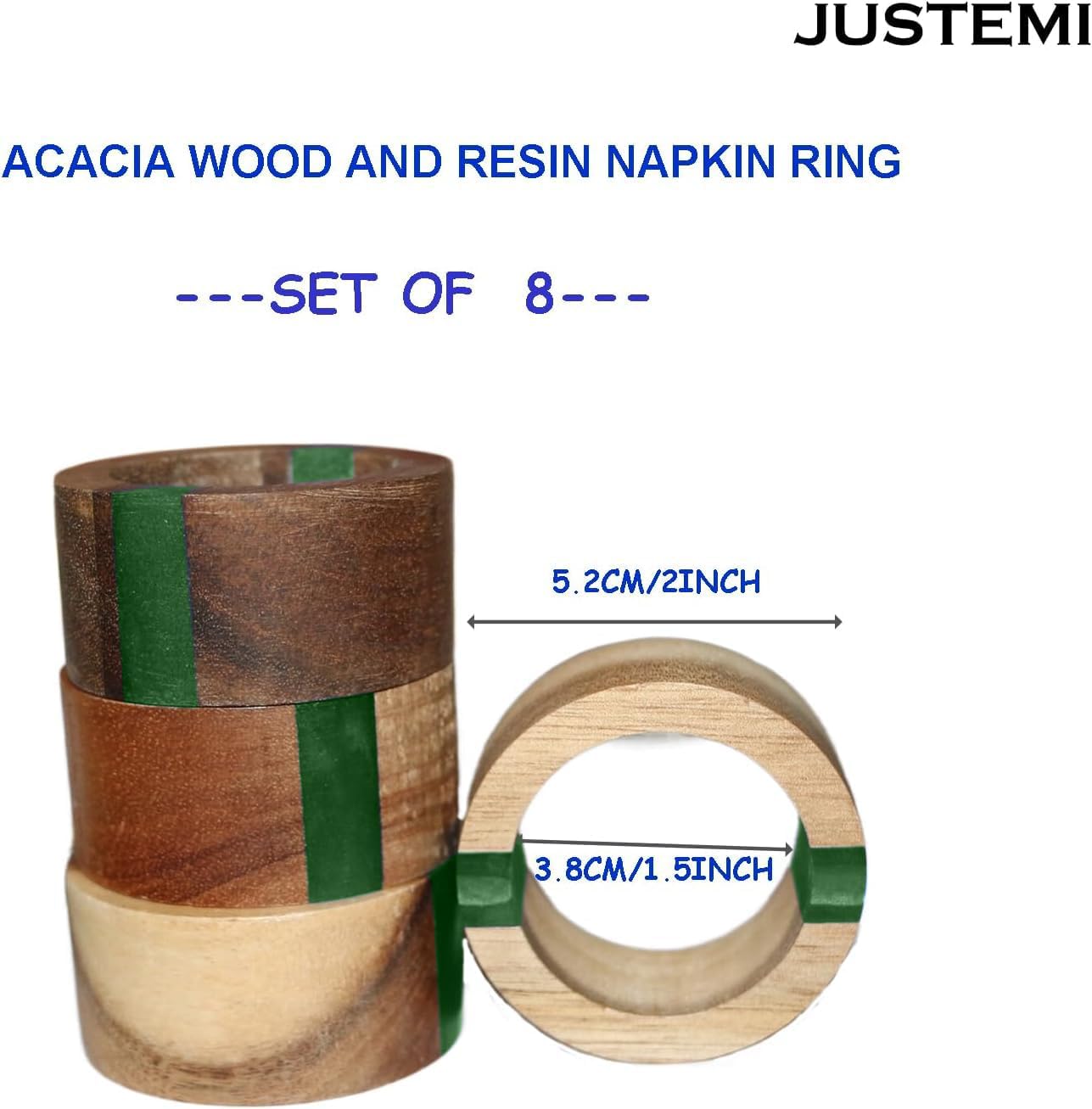 Wooden Napkin Rings Set of 8 for Dinning Table Decor - Acacia Wood Resin Napkin Holder Blue Napkin Ring for Home and Kitchen Décor (Green Round Shape)