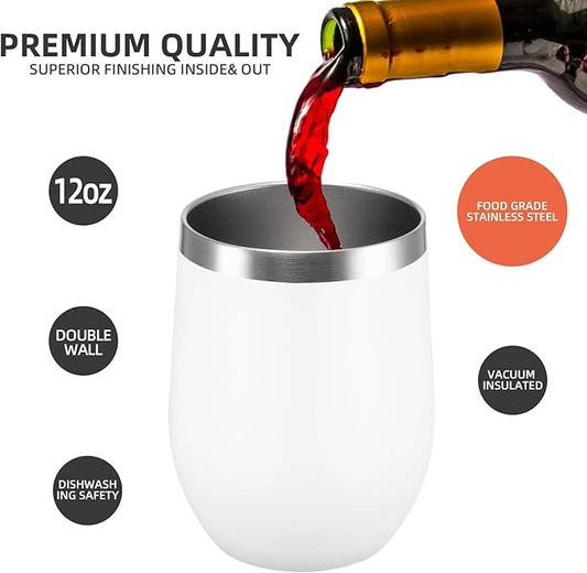 12 oz Insulated Wine Tumbler with Lid and Straw,Stainless Steel Stemless Wine Tumbler Glasses Double Wall Vacuum Wine Cups Tumbler Bulk for Coffee,Cocktail,Office (White,4)