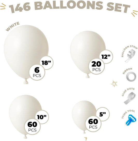Balloon Garland Arch Kit – 146 Pcs White Balloons for Baby Shower, Birthday, Gender Reveal, Wedding Party – DIY Kit by Vellax™