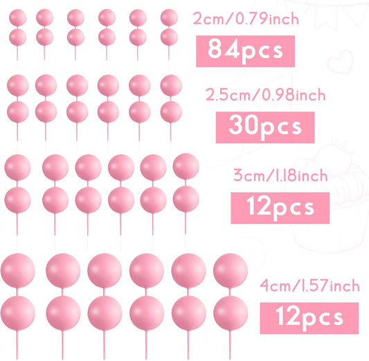 138 Pcs Pink Balls Cake Topper Decorations Balloon Cupcake Toppers Foam Multisize Cake Topper Balls for Birthday Party Wedding Anniversary