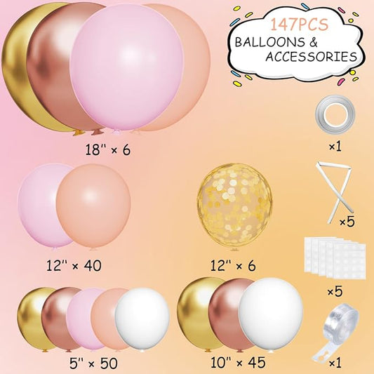 MEBAY Rose Gold Balloon Arch Kit, 147Pcs Metallic Gold White Pastel Nude Pink and Rose Gold Balloons Garland with Confetti for Wedding Bridal Baby Shower Princess Girl Birthday Party Decorations