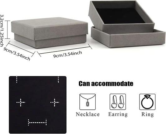 Jewelry Gift Boxes - 12 Pieces Square Cardboard Boxes, Cotton Filled, 3.5x3.5x1.25 Inches (Gray)