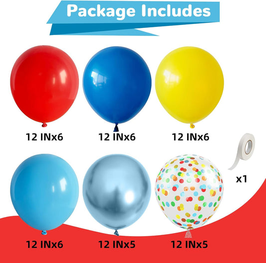 Red Yellow Blue Balloons Light Baby Royal Metallic Blue Red Yellow Primary Balloons with Colorful Confetti Latex Balloon for Carnival Circus Baby Shower Birthday Party Decor