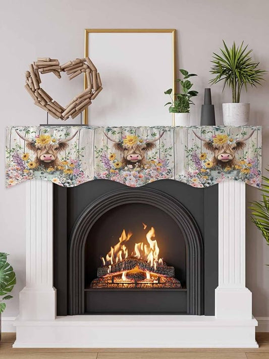 Spring Cow Floral Fireplace Mantel Scarf Table Runner, Green Eucalyptus Leaves Grey Wooden Winter Garland Mantel Top Tablerunners Dresser Scarves Cover for Windows Party Living Room 90''x17''