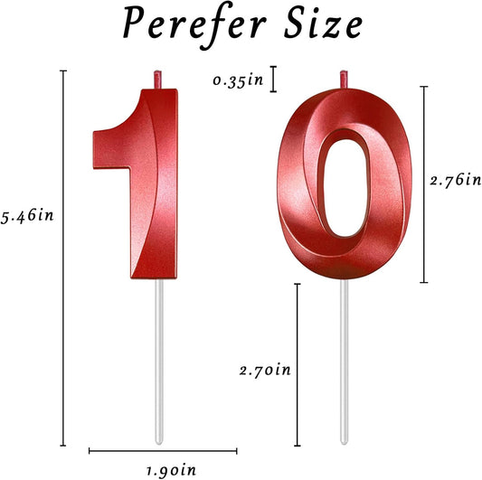 Red Number 10 Candles, 3D Diamond 2.76 Inch Cake Topper Birthday Candles for Wedding Anniversary Cake Decorations, Happy Birthday Party Decorations
