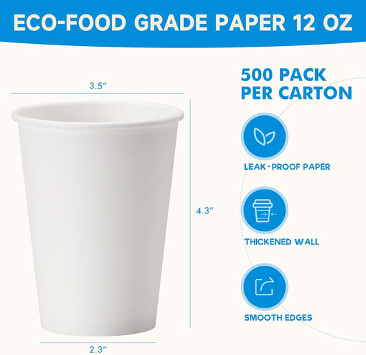 RACETOP Paper Coffee Cups 12 oz 500 pack, Paper Cups Disposable, Hot Coffee Cups, Ideal for Coffee, Beverages (12oz 500 pack white)