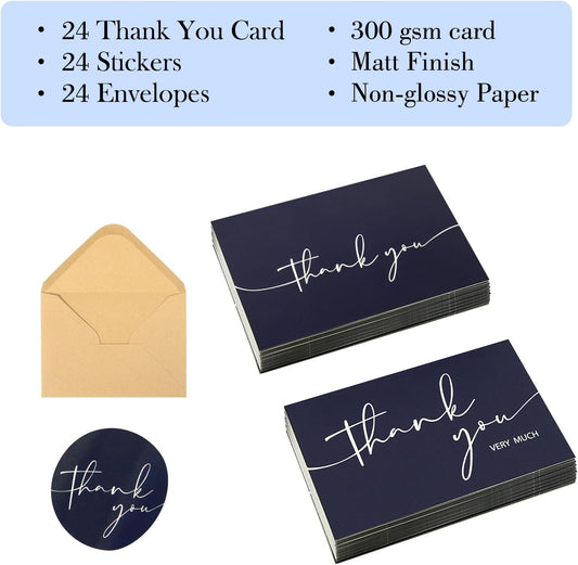 NESCCI 24 PCS Thank You Cards With Envelopes,Thank You Card,4x6 Inch Minimalistic Design, Thank You Notes for Wedding, Business, Baby Shower, Small Business, Funeral, Graduation (Navy Blue)