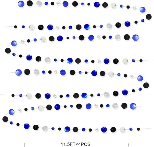 46Ft Navy Blue Black Silver Circle Dots Garland Royal Blue Black Polka Dots Streamer for Birthday Graduations Wedding Bridal Baby Shower Nautical Ahoy Achor Pirate Theme Party Decorations Supplies