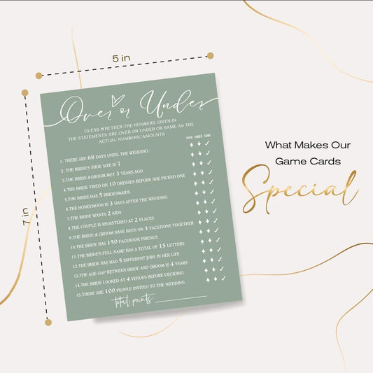 Bridal Shower Games Cards, Guess Over or Under, Bridal Shower Game 25 Guests, Engagement Party Wedding Games for Guests, Minimalist Green Wedding Party Supplies - C13