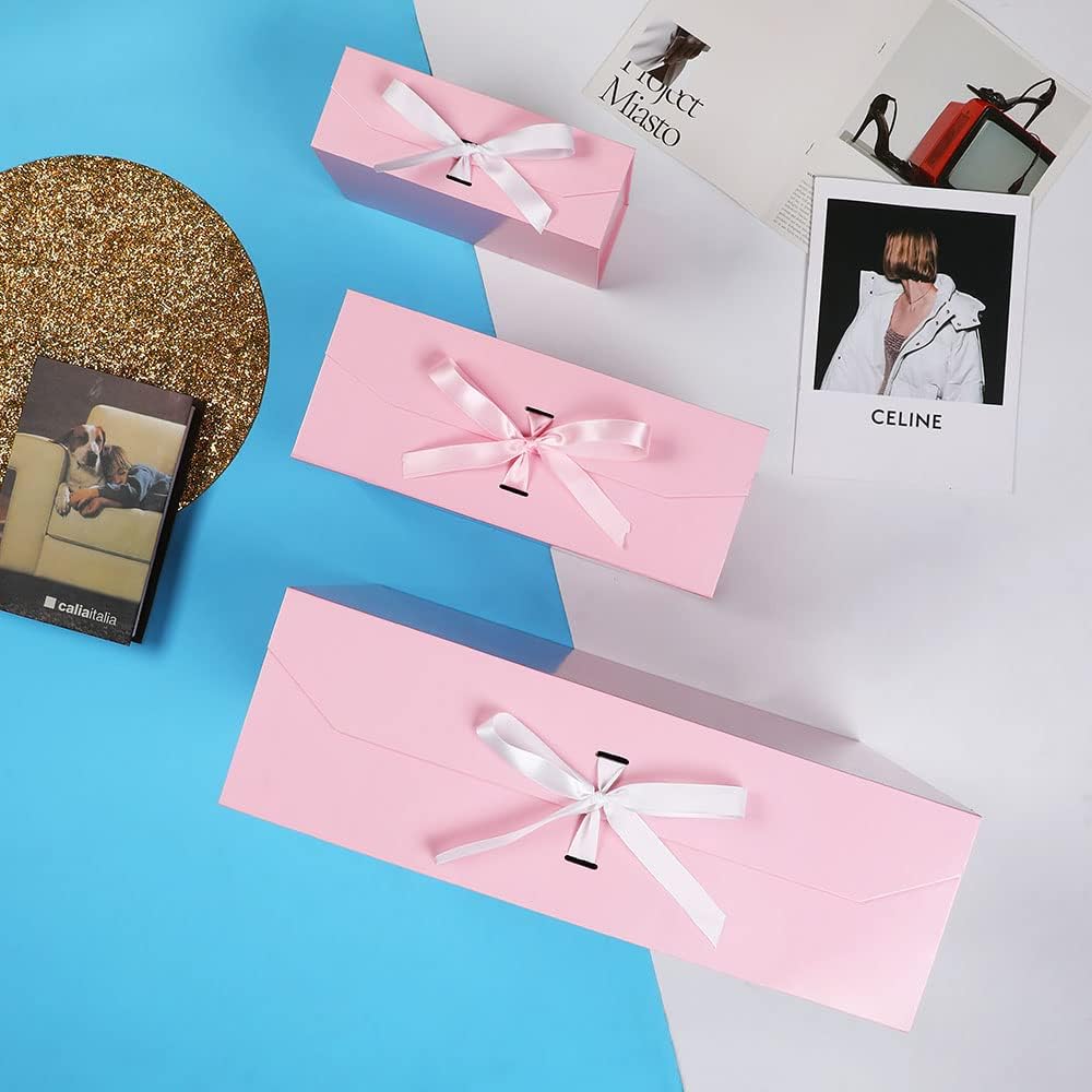 Pink Large Gift Box 13x11x5.3 Inches With Ribbon, Lid Magnetic Closure, Christmas, Rectangle Collapsible for Men Shoes