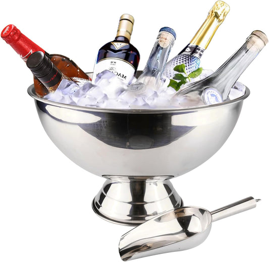 Large Ice Bucket 13L Stainless Steel Champagne Bowl Ice Bucket with Ice Scoop Semicircle Drink Tub with Integrated Base Silver Beverage Tub for Parties, Cocktail Bar, Chilling Wine (2 packs)