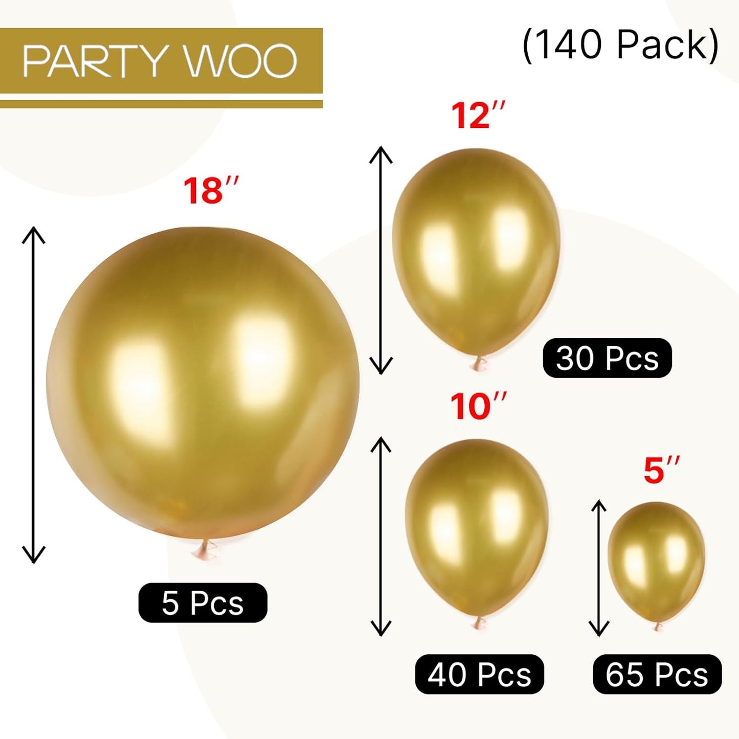 PartyWoo Metallic Gold Balloons, 140 pcs Gold Metallic Balloons Different Sizes Pack of 18 Inch 12 Inch 10 Inch 5 Inch Gold Balloons for Balloon Garland or Balloon Arch as Party Decorations, Gold-G101