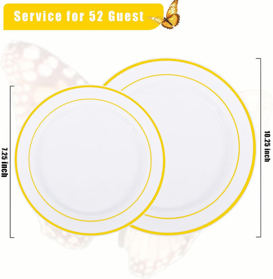 Supernal 102pcs White and Gold Plastic Plates Disaposable Party Plates White Gold Rim Heavy duty, Fancy Gold Plastic Dinnerware Set included 51 Dinner & Dessert Plates for Party,Birthday and Wedding