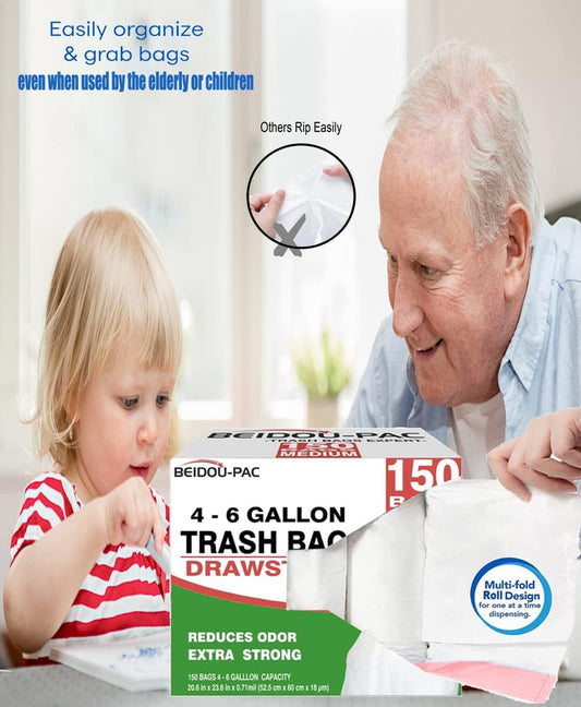Trash Bags 4-6 Gallon Drawstring, 150 Count, Multifold Roll Garbage Bags, Medium Kitchen Trash Bags, Odorless & Heavy Duty White Plastic Food Scrap Bags for Bathroom Bedroom Office Waste