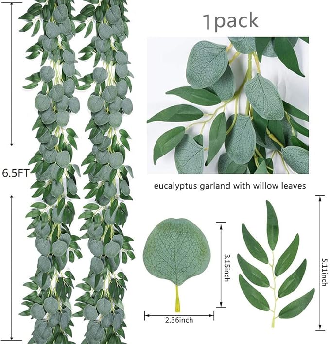 4 Pack 6.5 Ft Artificial Eucalyptus Garland Faux Greenery Garland with Willow Leaves Fake Greenery Vines for Party Decor Home Decor Wedding Decor Coffe Bar