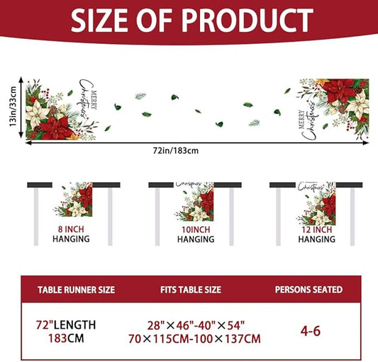 Merry Christmas Winter Table Runner, 13x72 inch Red Floral Holly Berry Vintage Xmas Seasonal Holiday Kitchen Dining Table Runners for Home Indoor Mantel Party Farmhouse Decoration