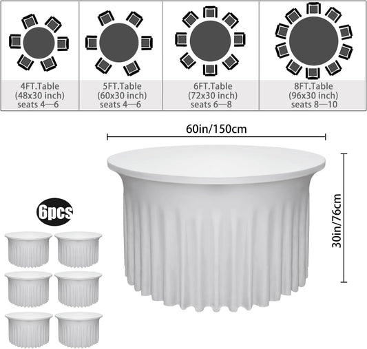 6-Pack 60" Diameter x 30" Height White Round Table Skirts for 5FT Tables | Wrinkle & Stain Resistant Polyester Spandex Tablecloths with Elastic Fit | Ideal for Weddings, Parties, Banquets, Dining