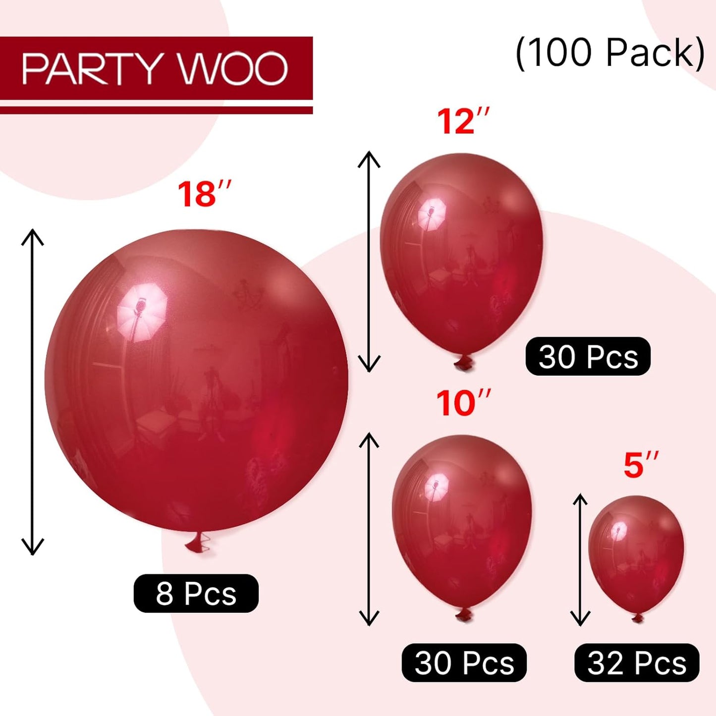 PartyWoo Burgundy Balloons 100 pcs Different Sizes Pack of 18 12 10 5 Inch Dark Red Maroon Fall Balloon Arch Kit Garland for Graduation Thanksgiving Valentine's Day Birthday Party Decorations Red-Y62
