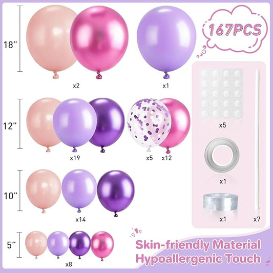 Pink Purple Balloon Garland Arch Kit, 167Pcs Latex Balloons Different Sizes 18 12 10 5 inch for Girl Women Princess Birthday Bridal Baby Shower Party Decoration