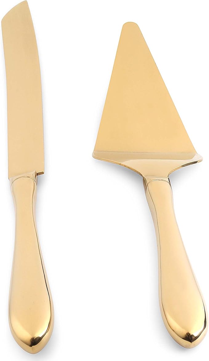 Cake Cutting Set for Wedding Cake Knife and Server Set, Cake Cutter and Pie Spatula,Cake Serving Set Serrated Blade,Thickened Stainless Steel Rounded Edge, Birthdays, Anniversaries,Parties 2 Pcs, Gold