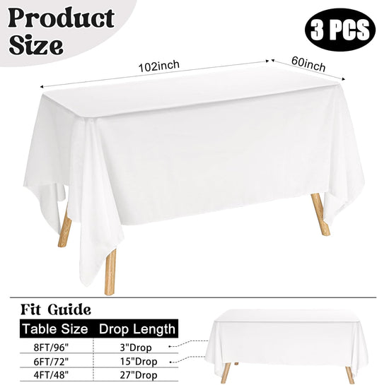 3 Pack Rectangle White Table Cloth Bulk Washable Polyester Table Cover for Wedding Dining Table Buffet Parties Banquet Decoration(60x102Inch, White)