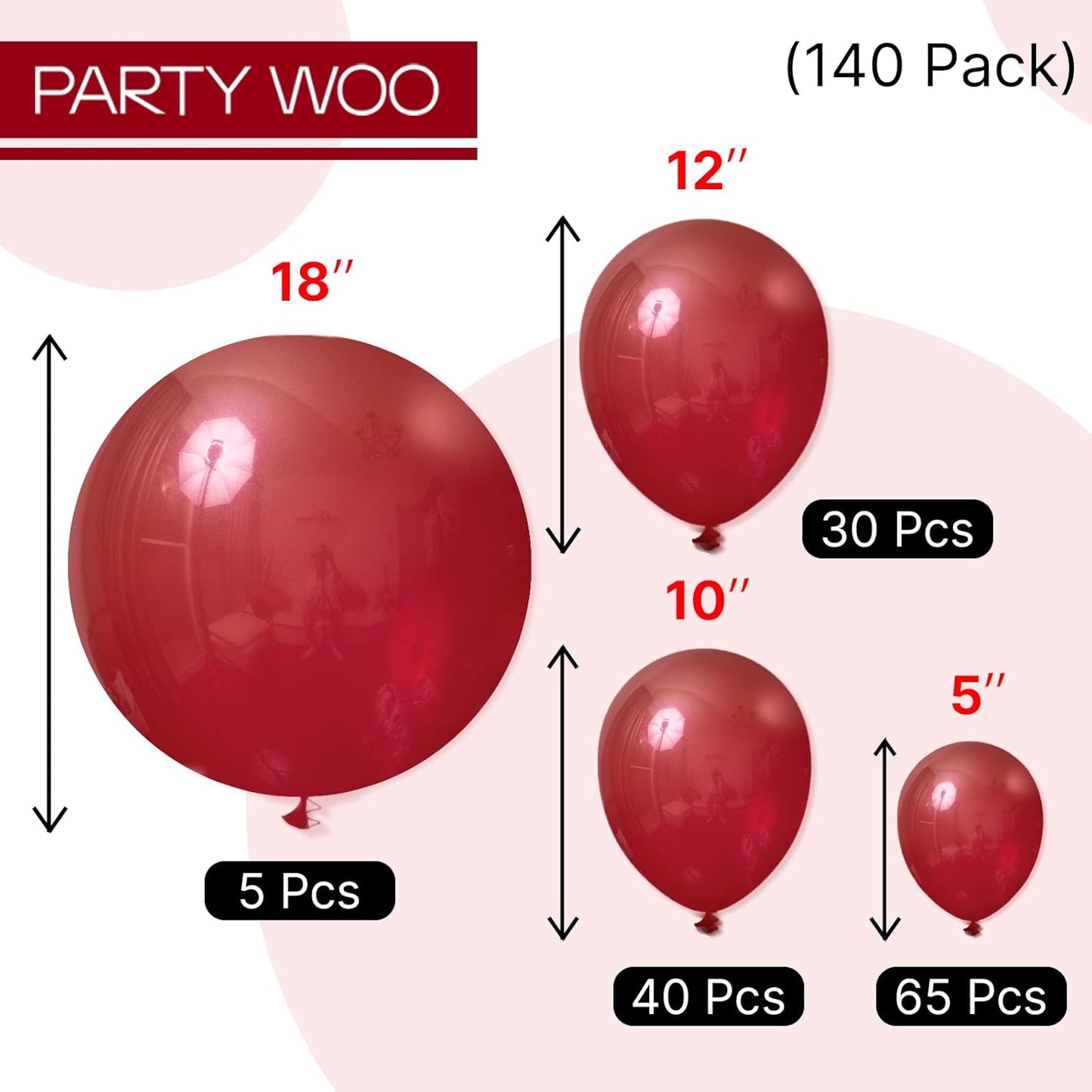 PartyWoo Burgundy Balloons 140 pcs Different Sizes Pack of 18 12 10 5 Inch Dark Red Maroon Fall Balloon Arch Kit Garland for Graduation Thanksgiving Valentine's Day Birthday Party Decorations Red-Y62
