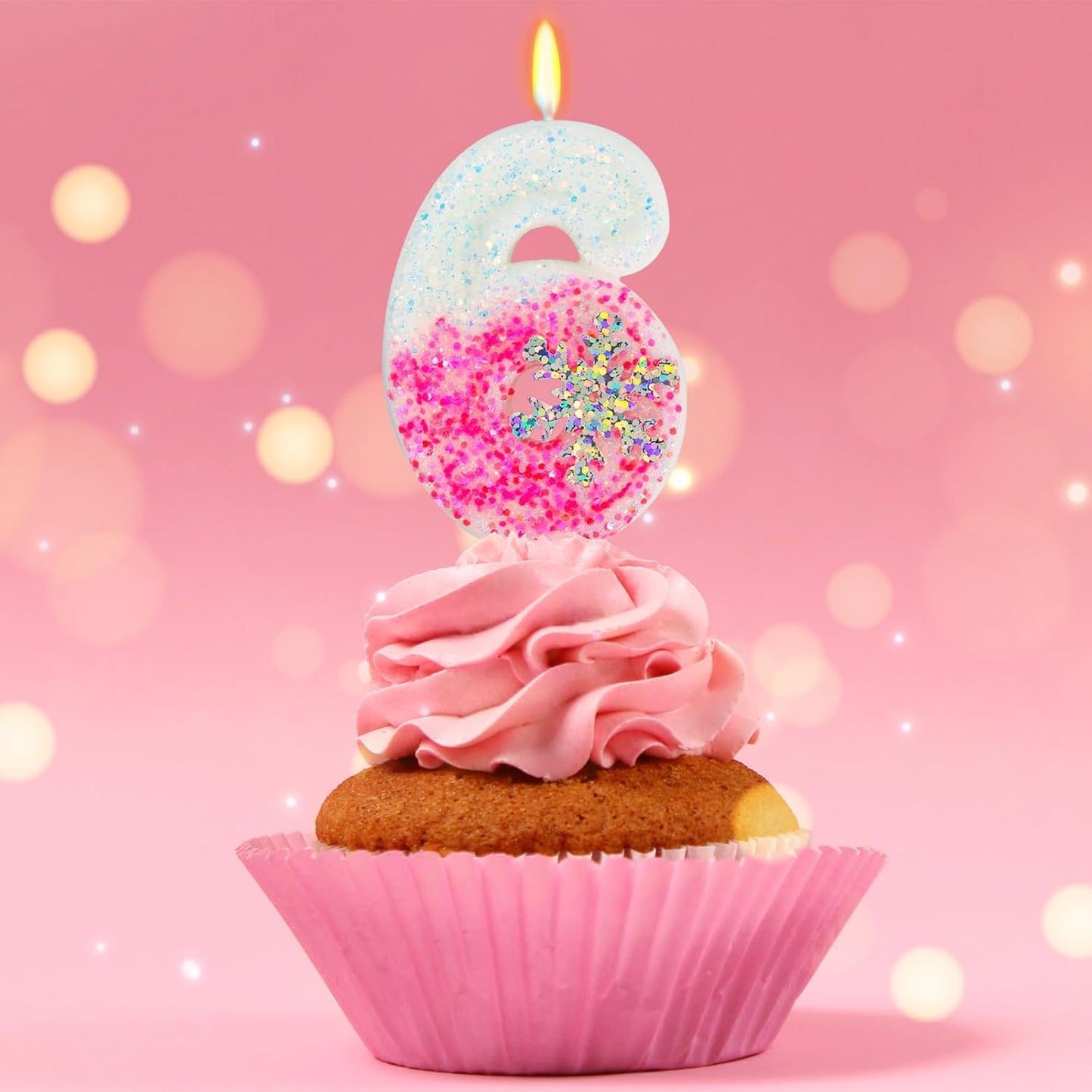Frozen Themed Birthday Candles, Number 6 Pink Birthday Candle for Party Supplies, Winter Birthday Party Supplies, 2.76 inch Number 6 Cake Topper Decoration