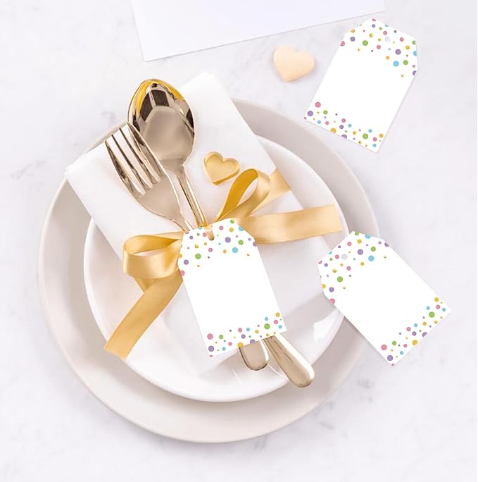 Anwyll Gift Tags with String - 100Pcs Colorful Confetti Polka Dot Gift Bag Tags Personalized White Blank Hanging Paper Label Tag for Birthday Party Bridal Shower Wedding Spring Easter Favors Present