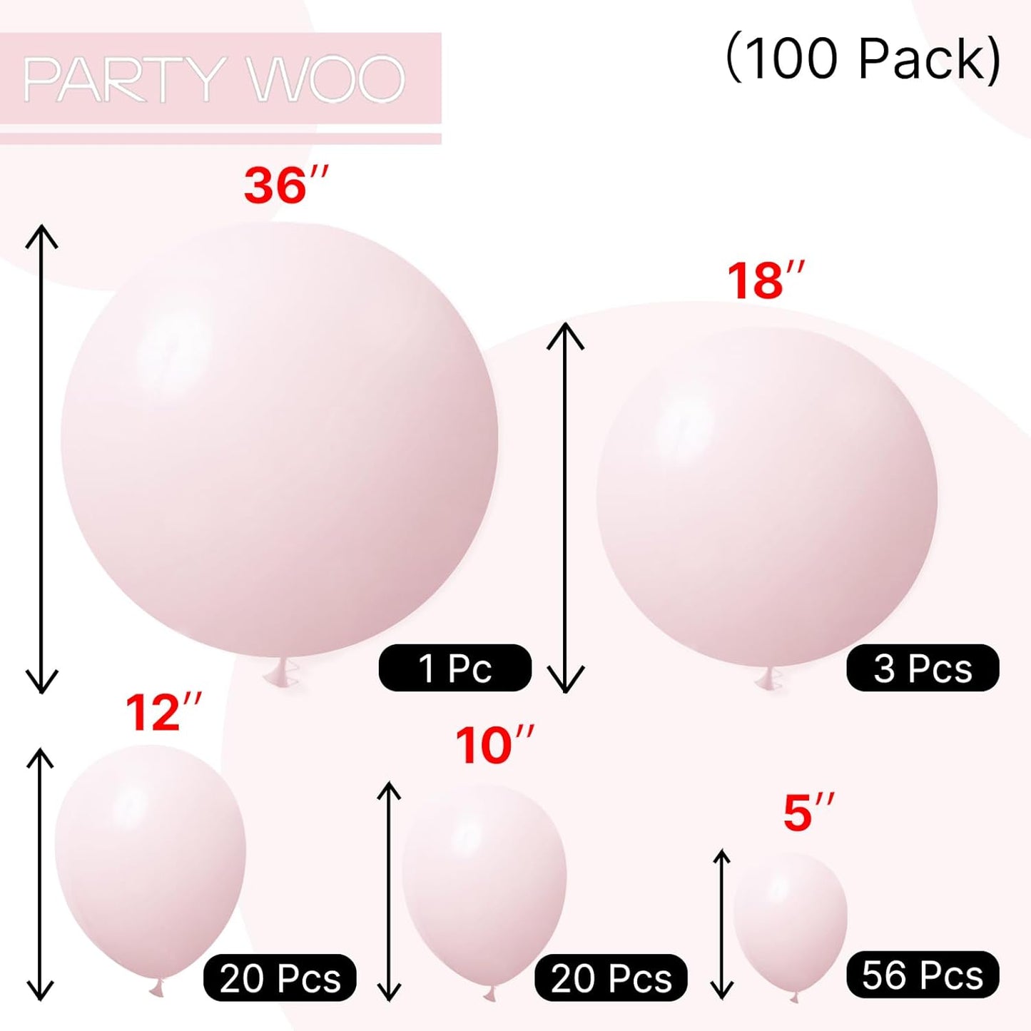 PartyWoo Light Pink Balloons 100 pcs Different Sizes of 36 18 12 10 5 Inch Pastel Baby Pale Light Blush Pink Balloon Arch Kit Garland for Wedding Baby Shower Birthday Party Decorations Pink-Q01
