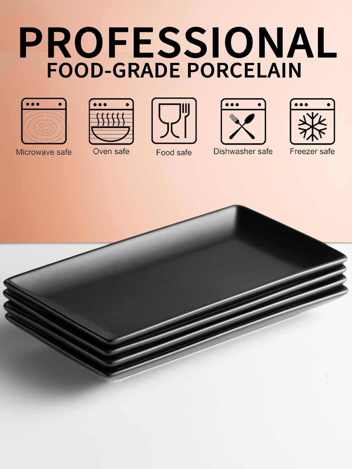 Gomakren Black Serving Platter Set of 4 Porcelain Serving Plates Rectangular Halloween Serving Dishes and Platters Serving Trays for Party Appetizer Sushi, 10 Inch Black Serveware Thanksgiving Gifts