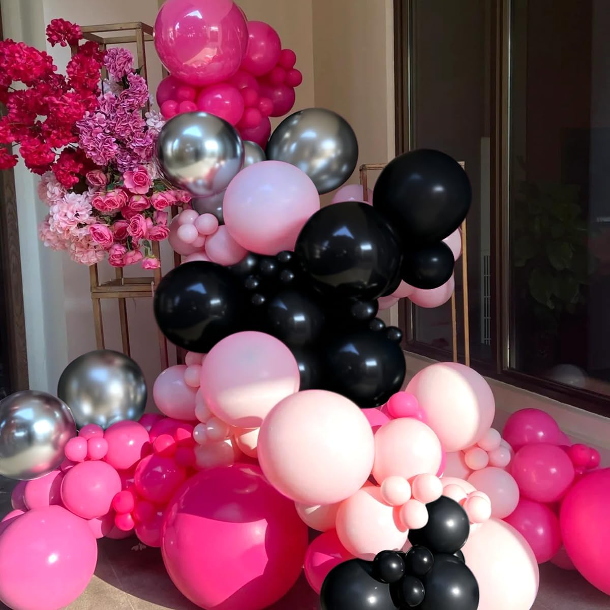 Hot Pink Black Silver Balloon Garland Arch Kit, 166Pcs Red Black Pink Silver Balloons for Birthday Graduation Baby Shower Wedding Anniversary Bachelorette Party Decorations