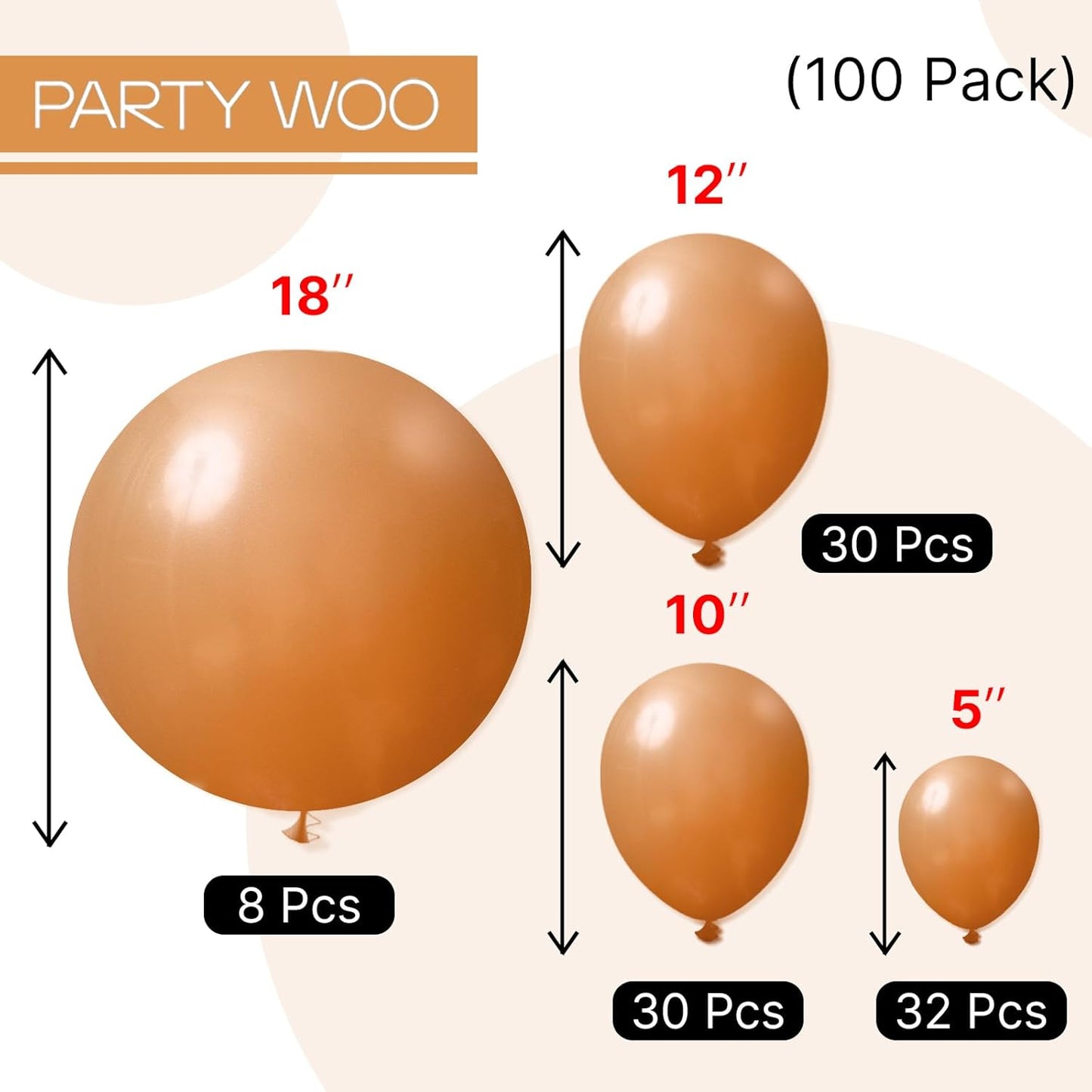PartyWoo Light Brown Balloons 100 pcs Different Sizes of 18 12 10 5 Inch Caramel Brown Tan Boho Neutral Latex Balloon Arch Kit Garland for Birthday Wedding Baby Shower Party Decorations Brown-F10