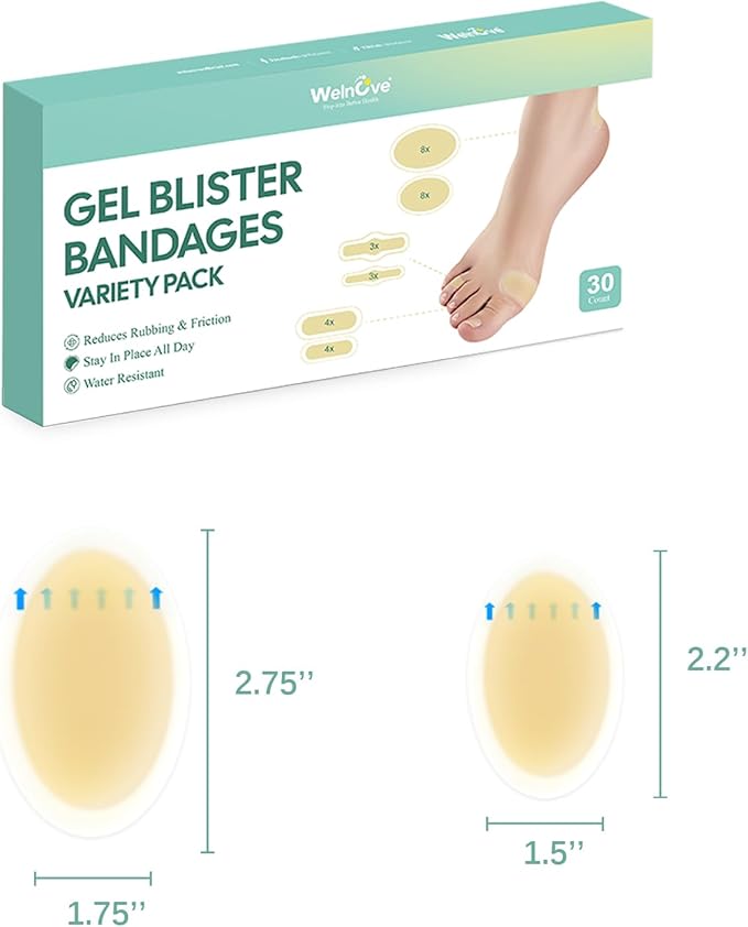 Gel Blister Hydrocolloid Bandages - Welnove 30ct Blister Cushions (Heel Pack) - Blister Bandages for Heel, Toe & Foot - Blister Pads for Prevention & Recovery - Water Resistant