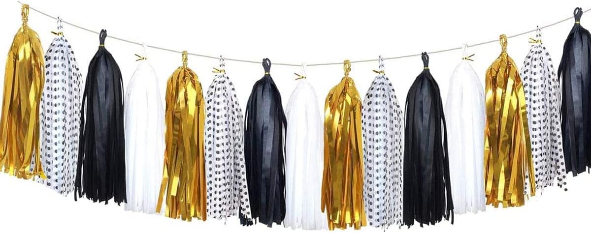 Tissue Paper Tassels Garland Banner Table Decor Party Banner Wedding Birthday Baby Shower Nursery Party Decorations Supplies (20, Gold+White+Black+White with Black dot)