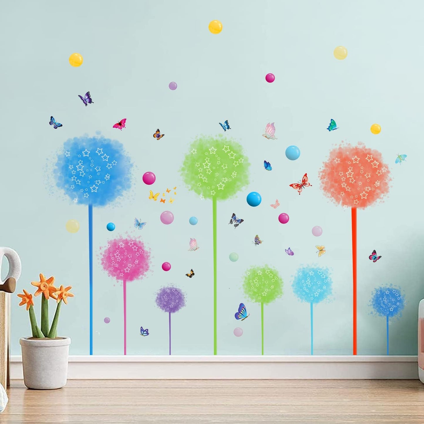 2 Set Dandelion Wildflower Wall Decals Art, Wall Art Stickers Peel and Stick Floral Butterflies Flying Decor for Girls Kids Women Baby Nursery Room Bedroom Bathroom Sofa Backdrop TV(Colorful)
