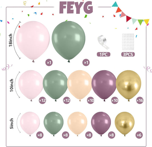 Dusty Green Purple Pink Balloon Arch Kit, Pastel Balloons Garland Party Decorations with Green Pink Lavender Purple Balloons for Girls Tea Party Birthday Baby Shower Bridal Wedding Party